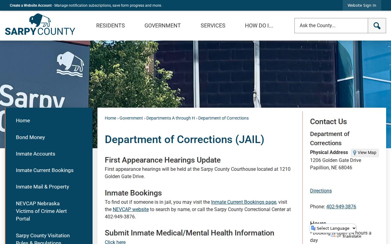Sarpy County municipal warrant records correctional center