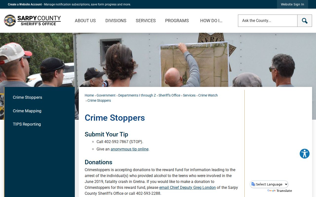 Sarpy County warrant records Crime Stoppers tip program