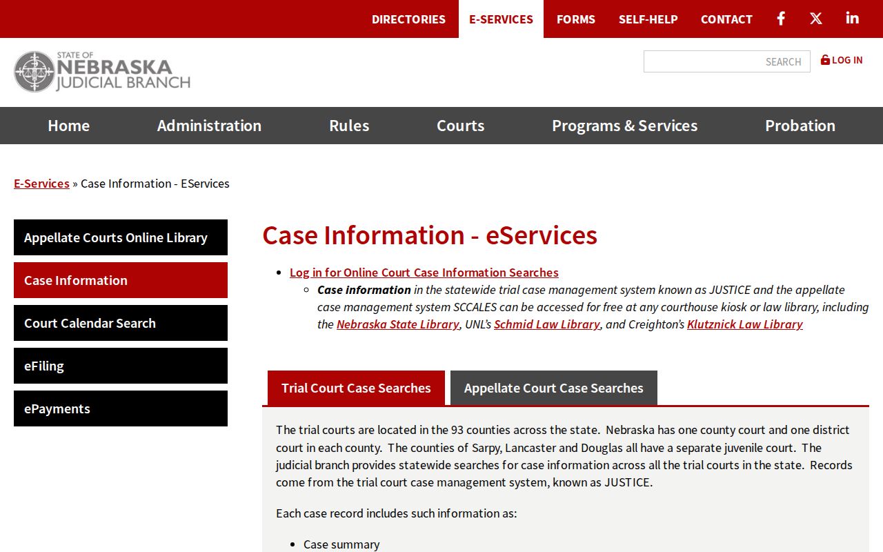 Sarpy County warrant records JUSTICE case search fields